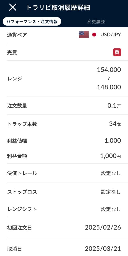 USD/JPY(ドル円)|買い 154.000〜148.000(0.1万 × 34本/利確幅 1.000/利確金額 1,000円)