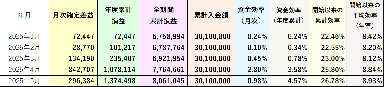 資金効率（評価損益なし）2025年5月