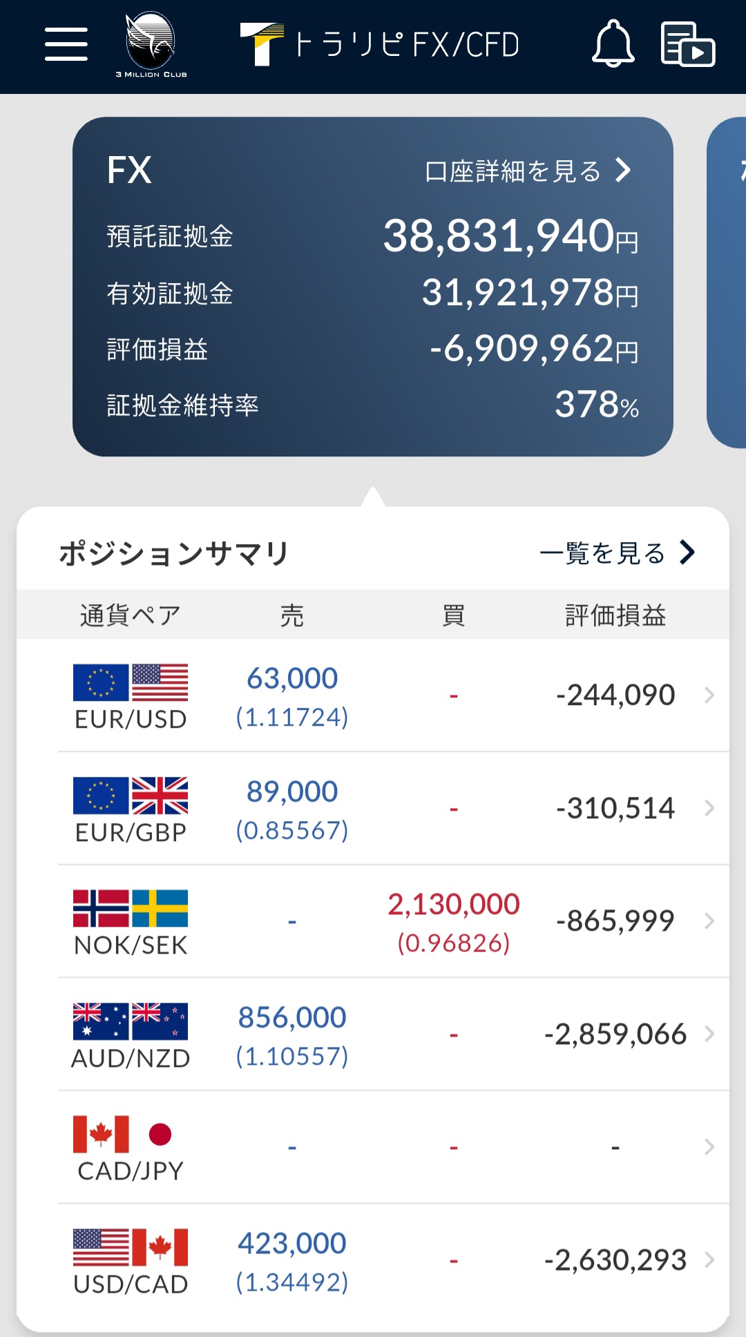 通貨ペア別評価損益のポジションサマリ2025年10月