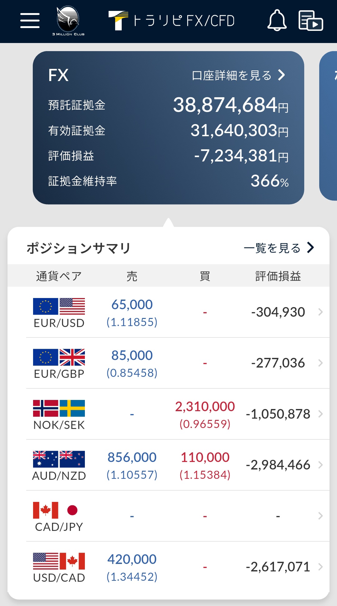 通貨ペア別評価損益のポジションサマリ2025年11月